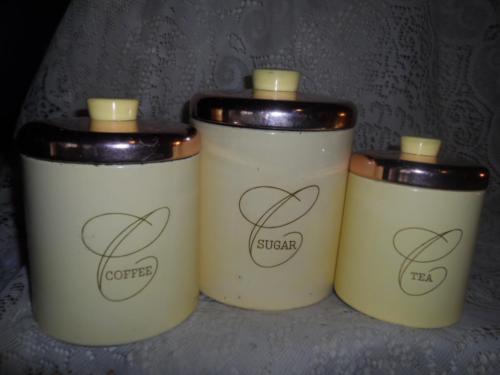 3 Vintage~Retro Yellow Enamel Metal Ransburge Copper Lids Kitchen Canister Set