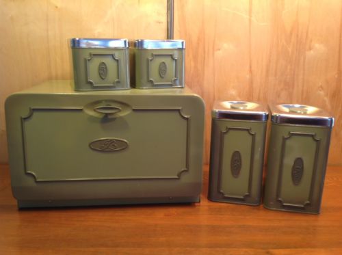 VINTAGE AVOCADO GREEN TIN CANISTER SET BREAD FLOUR SUGAR TEA COFFEE BOX CANADA