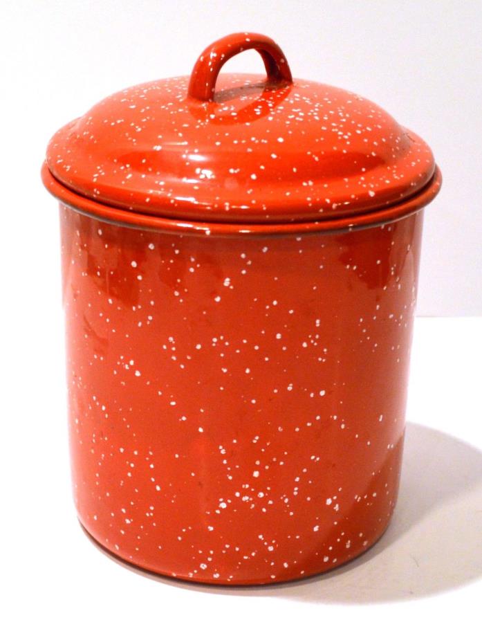 Red Enamel Canister With Lid, with white speckles