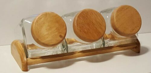 MINT Vintage KAMENSTEIN Countertop 3 Glass Canister Set With Wood Tops & Corral