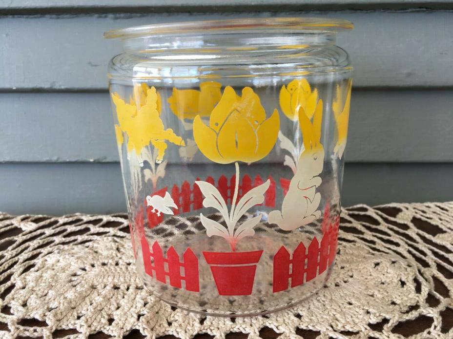 Vintage Small Storage Canister Clear Glass Jar Bunnies Ducks Red Picket Fence