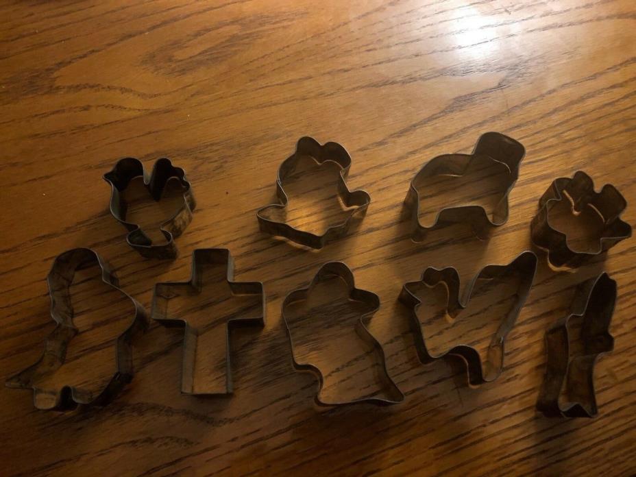 Lot of 9 Vintage Tin Cookie Cutters Primitive Chocolate Butter Sugar Cross Ghost
