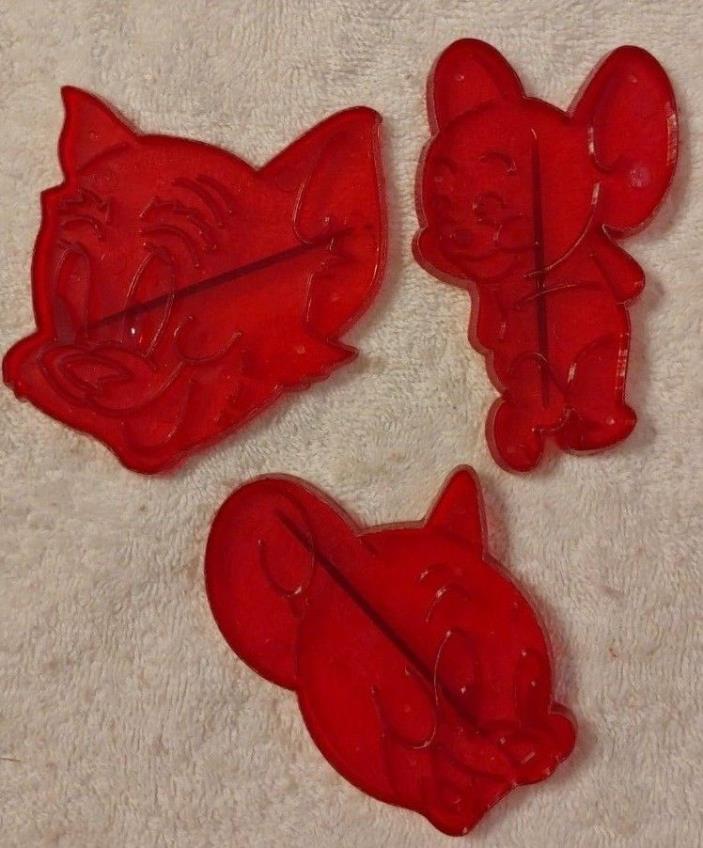 Vintage Loew's 1956 Set of 3 Red Plastic Cookie Cutters Tom, Jerry & Friends