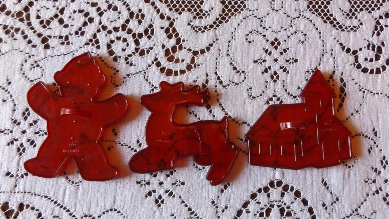 Vintage HRM Red Plastic Cookie Cutters  Gingerbread Man  Church  Reindeer