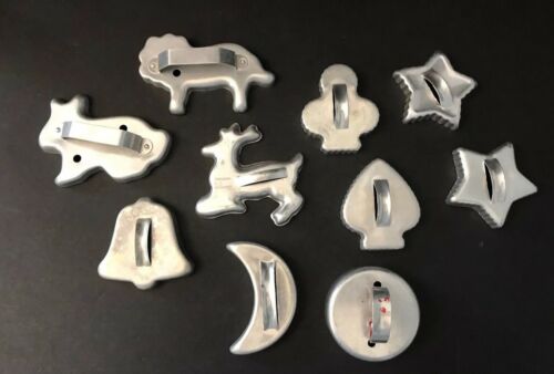 Vtg aluminum metal cookie cutter Lot of 10 w/handles - Holiday, Shapes, Animals!