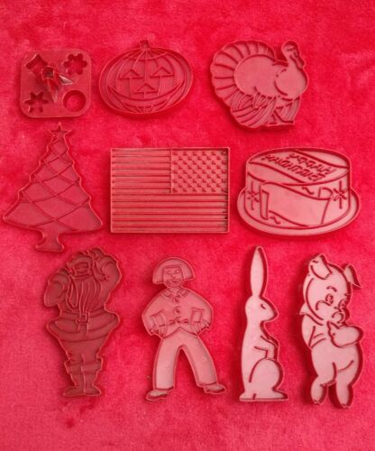 10  Vintage Red Tupperware Holiday Cookie Cutters Birthday Easter Bunny Flag Pig