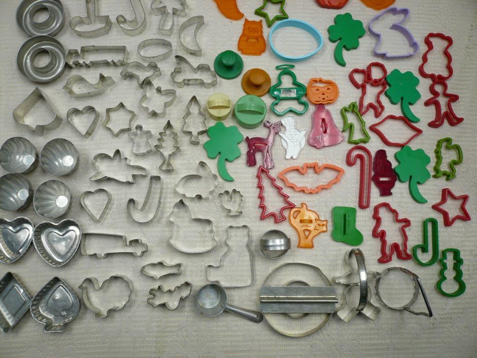 Vtg Lot 79 Aluminum Plastic Cookie Cutters Jello Mold Tart Tins Occasion Holiday
