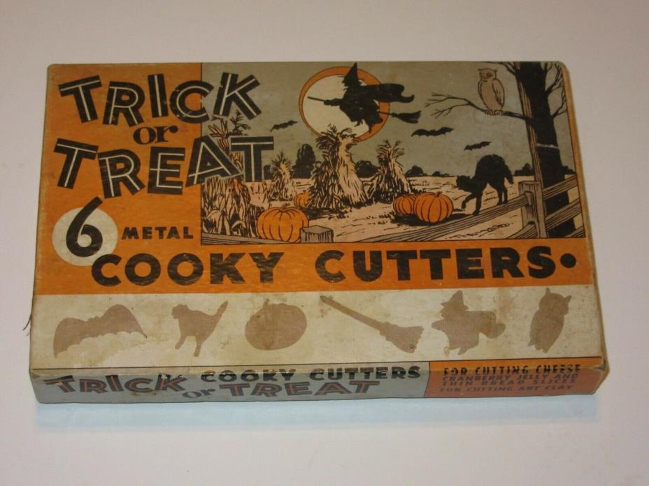 6 VINTAGE HALLOWEEN TRICK OR TREAT METAL COOKY CUTTERS WITCH OWL BAT ORIG BOX