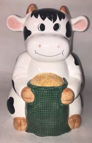 Country Farmer Cow w/Corn Ceramic Cookie Jar Kitchen Decoration Container w Lid