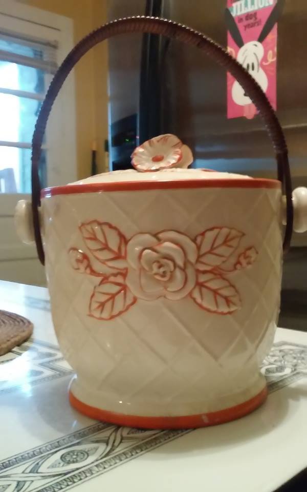 VINTAGE JAPAN CROCK BISCUIT COOKIE JAR WITH HANDLE