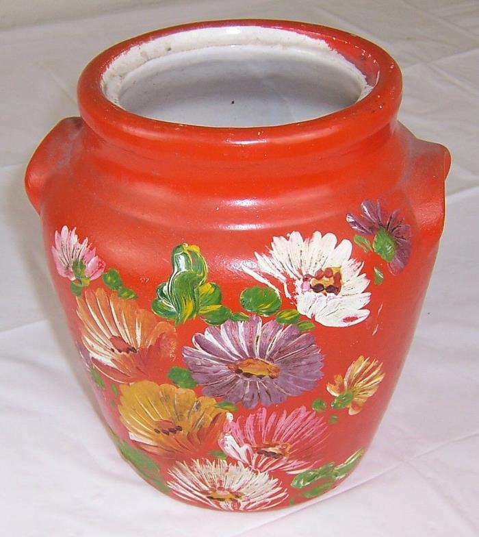 Vintage Ransburg Orange Floral Pottery Cookie Jar,Aster,Handles,EXCELLENT,no Lid