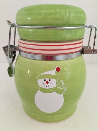 Christmas Snowman Canister Ceramic Locking Lid Green Kitchen Crock 6