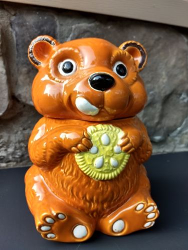 Vintage Fred Roberts Japan bear eating yellow cookie cookie jar Fast Shipping