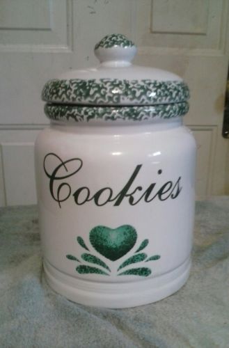 Stoneware Green and White Heart Cookie Jar