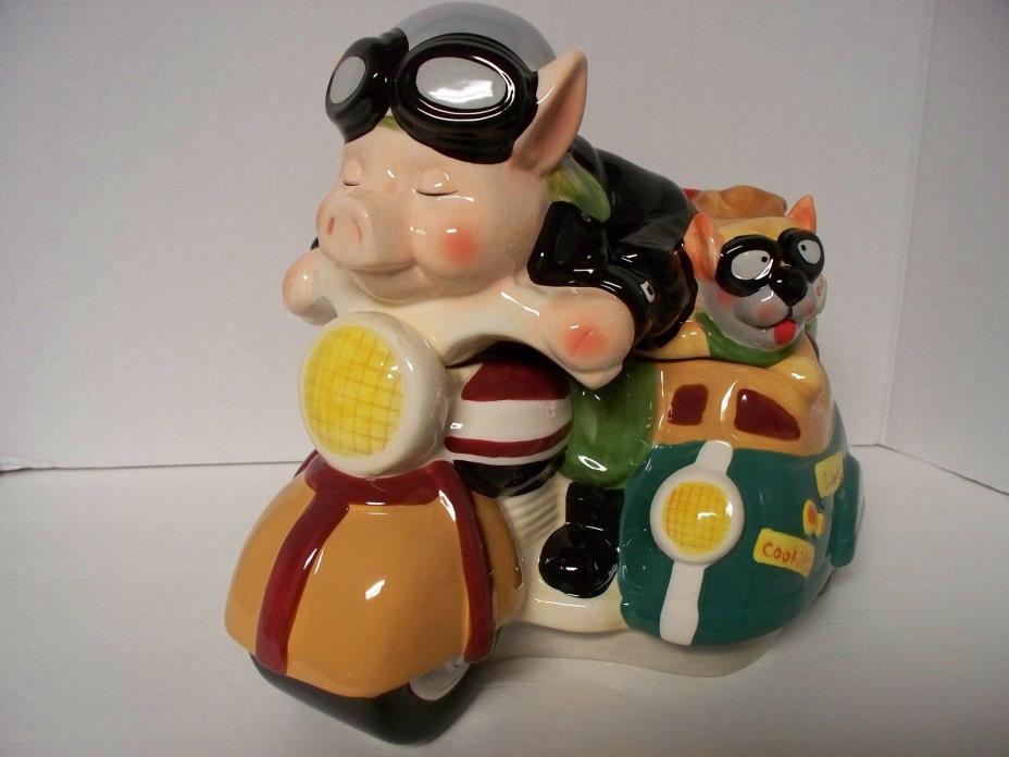 Road Hog Pig Motorcycle w/Dog Riding In Side Car Ceramic Cookie Jar Harley