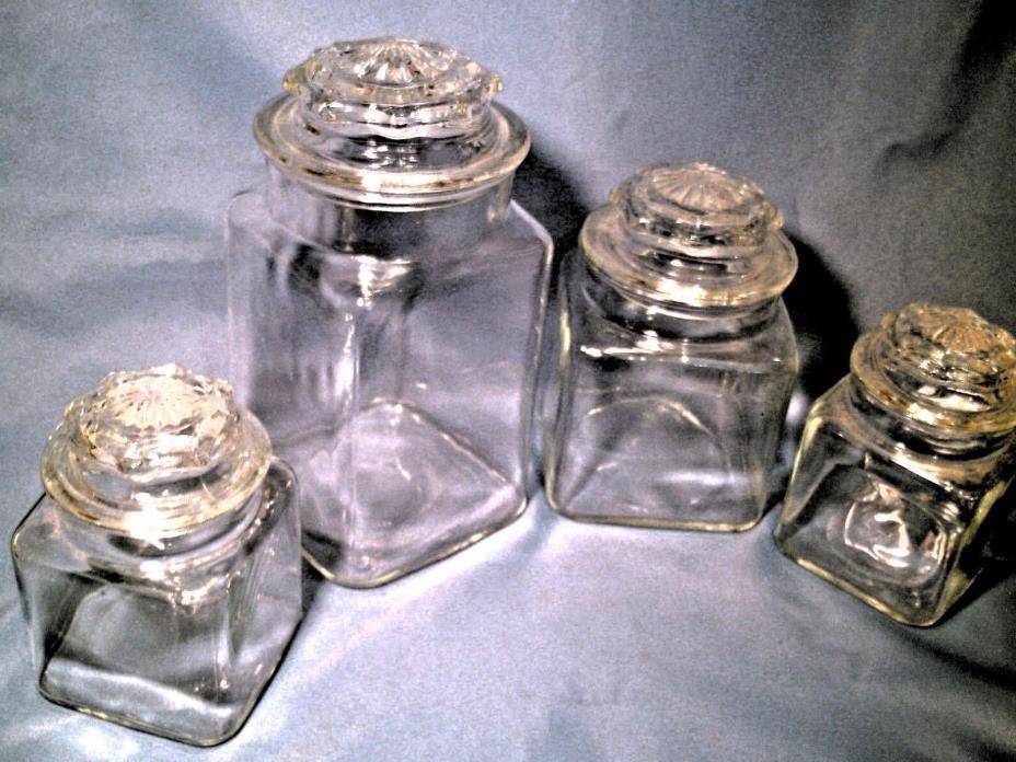 VINTAGE Set Of 4 Clear Glass Candy Store Cookie Jars w/ Decorated Covers 9.5