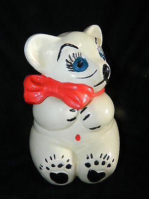 antique hand painted Mouse with a red bow cookie jar heavy pottery