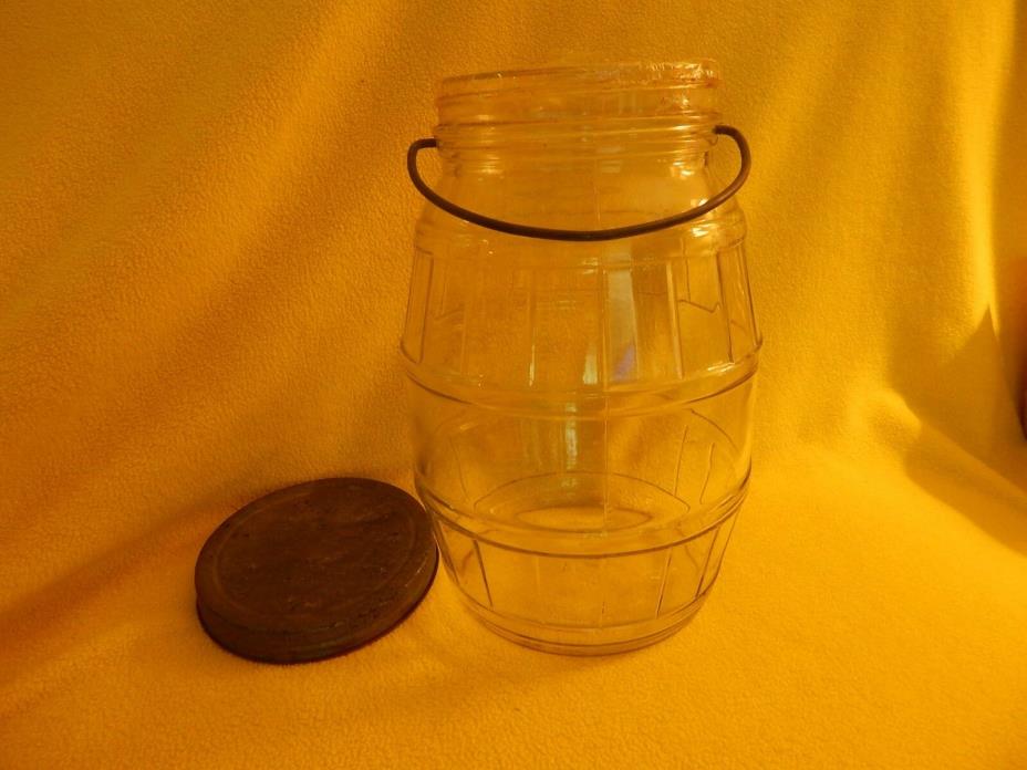 Vintage Glass Barrel  2 Gallon Pickle Jar with Lid & Handle