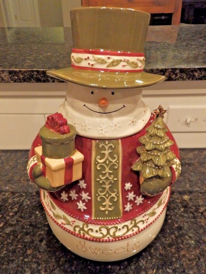 Ivory, Red, Green Christmas Snowman Cookie Jar with Tree and Presents