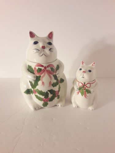 N.S. Gustin Co Hand Decorated Cat Cookie Jar & Sugar bowl Holly Design Christmas