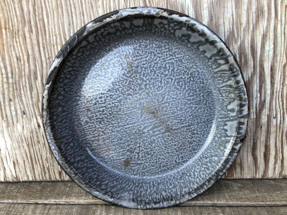 Vintage Enamel Graniteware Round Pie Plate- Blue Gray, Country/Primitive Decor