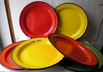 Vtg Lot 6 Huta Silesia Enamelware Plates Poland Orange Red Yellow Green Enamel