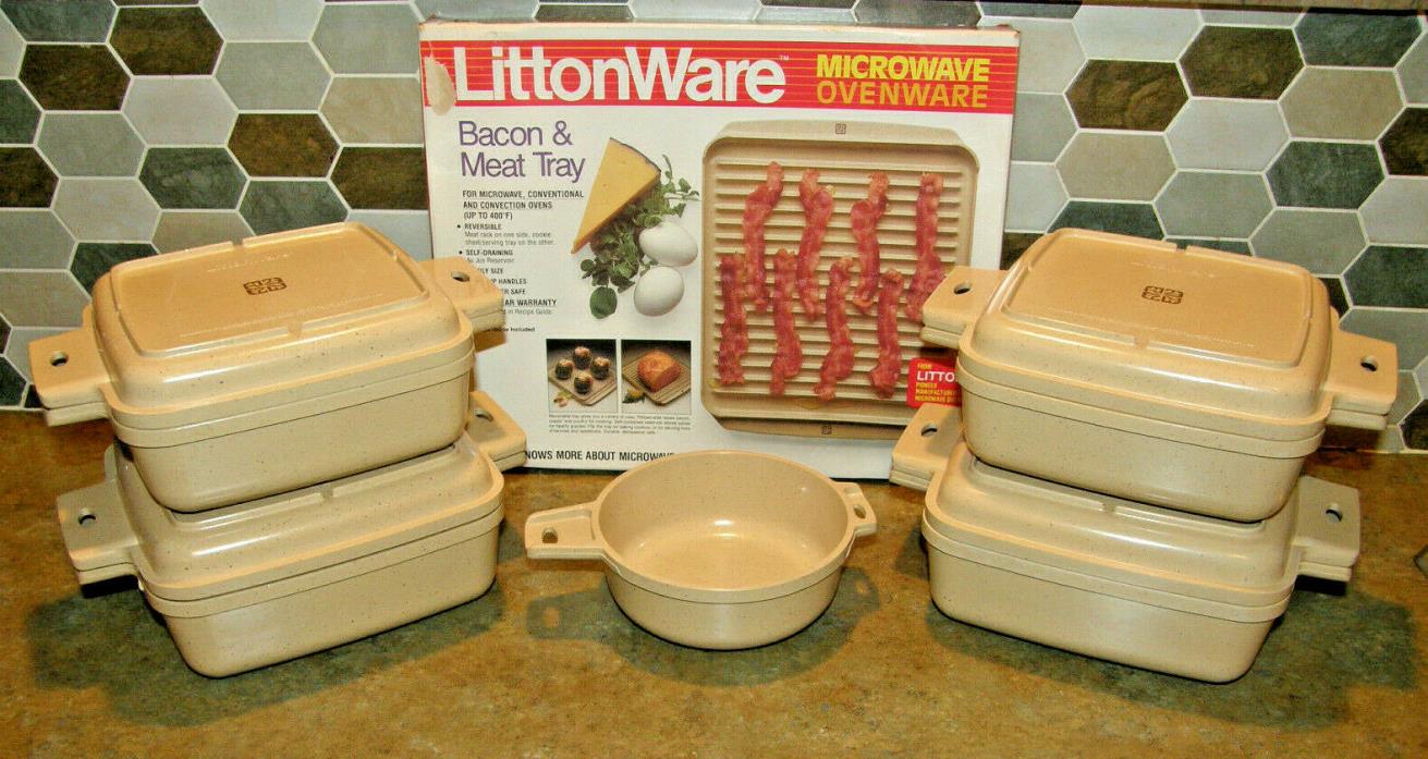 Vintage LITTONWARE 10 Piece Microwave Cookware Dish Set Divided Lids Bacon Tray