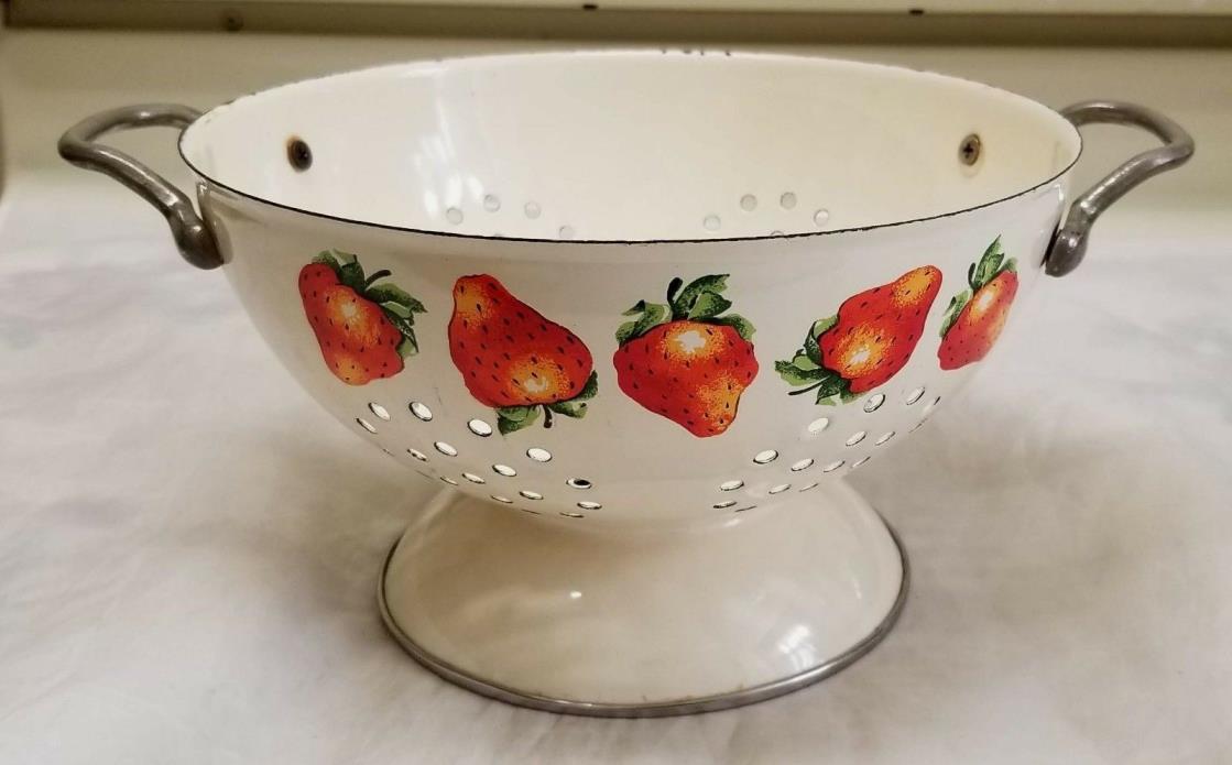Vintage Kobe for JC Penny Strawberry Pattern Cream Enameled Steel Colander