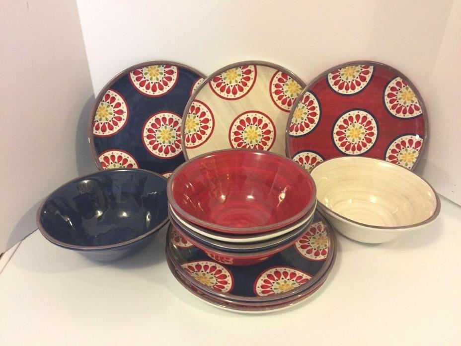 12 Piece Enamelware Plates & Bowls red White Blue