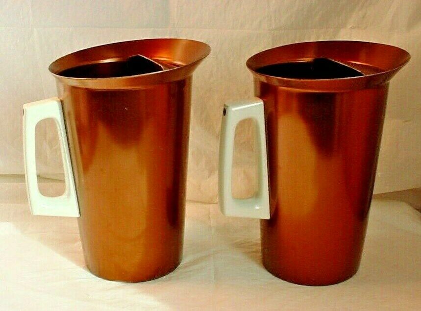 Regal Aluminum Pitchers Lot of 2 Mid Century Brown Metal w Ice Lip Quality Vtg