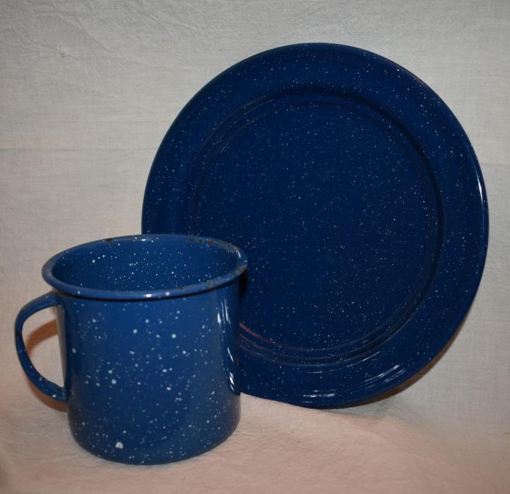 Blue Enamelware Plate and Coffee Cup white specks plate 8 5/8 in cup 3 7/8 tall