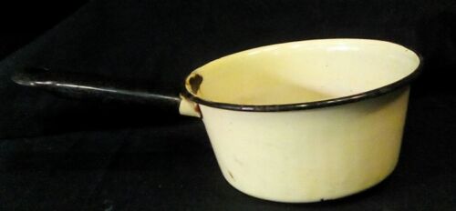 Antique Vintage Primitive Porcelain Enamelware Yellow Pot Sauce Pan