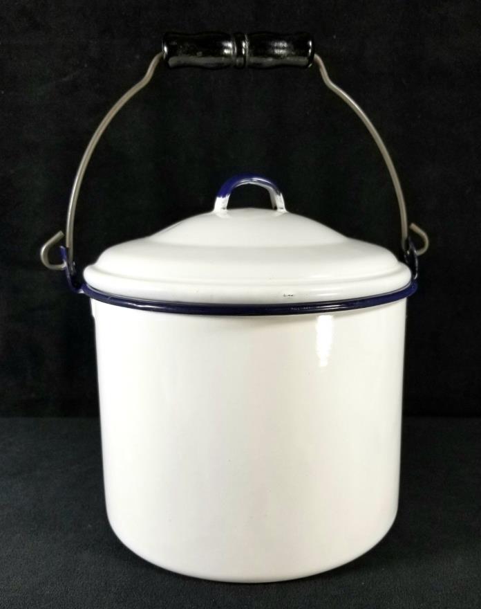 Antique Enamelware Cooking Pot Lidded w Cobalt Blue Rim On White 7.2 Inch EXC