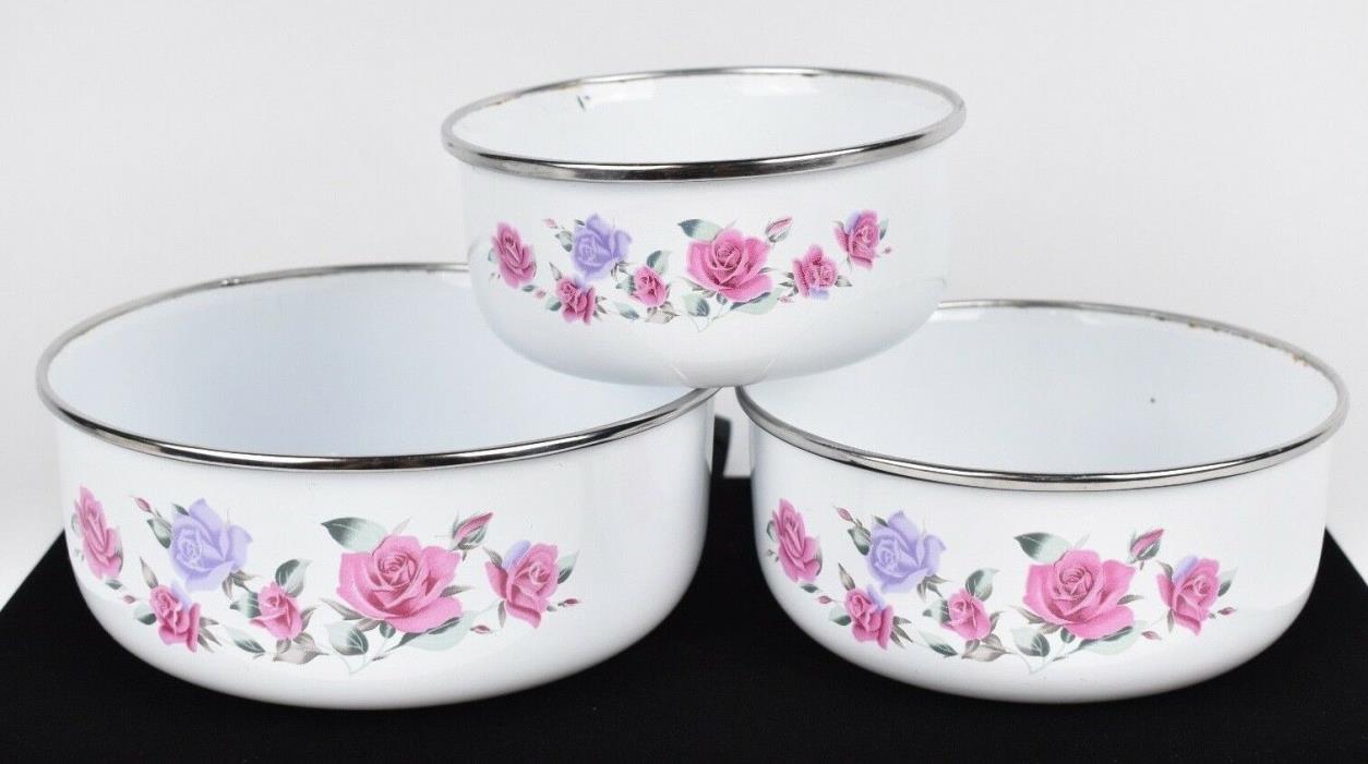 Trio Set 3 GMI Pink White Roses Floral Nesting Mixing Bowls Enamel Retro Vintage