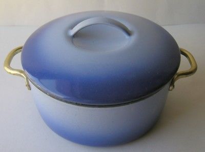 Vintage Blue Enamel Cast Iron 1 Qt Dutch Oven Pot w 2 Handles Lidded Enamelware