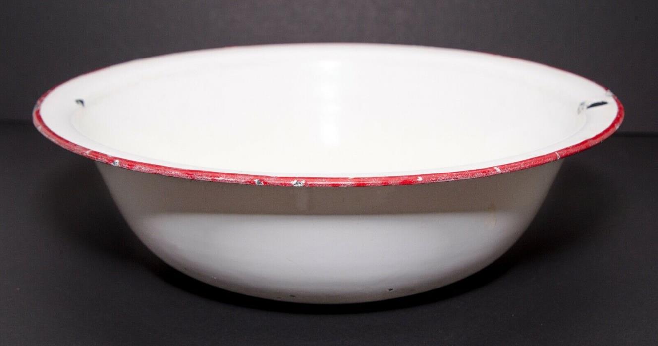 Vintage Enamelware Bowl Basin White With Red Trim 12