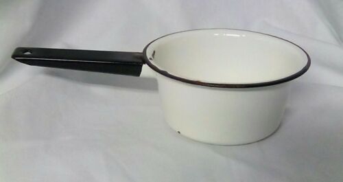 Antique Vintage Primitive Kitchen White Enamelware Porcelain Sauce Pan Pot