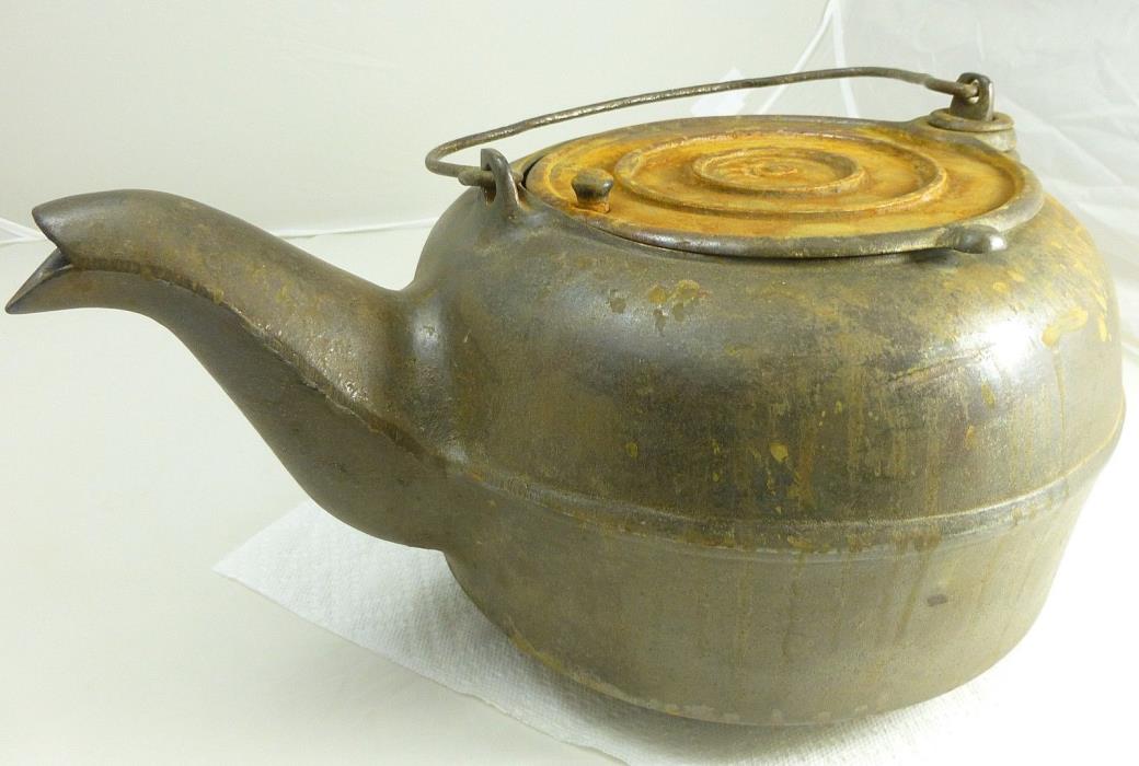 Antique Cast Iron Tea Pot Kettle Swivel Lid # 8 Large