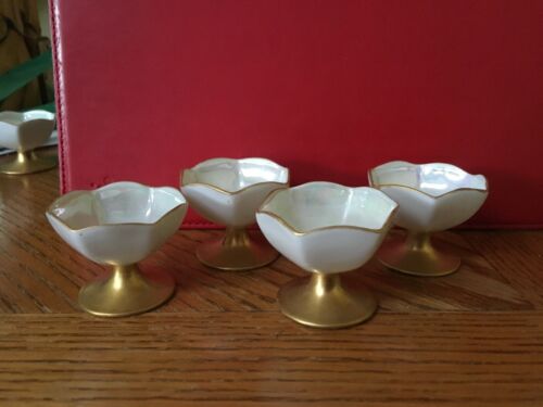 NORITAKE NIPPON ANTIQUE 4 PORCELAIN EGG CUPS HOLDERS GOLD/WHITE/LUSTERWARE JAPAN