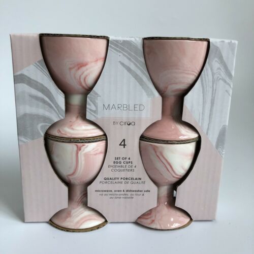 New Set of 4 Porcelain Egg Cups Footed Pink White Marbled Swirls By Ciroa
