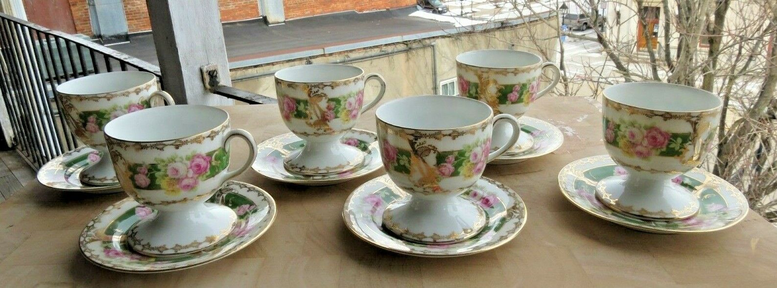 6 Vintage Antique Double NE@T Cups Style Tea Cups Pink, Green Gold Gilt Saucer