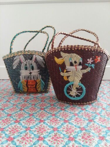 Vintage Lot Of 2 Easter Bunny Straw Woven Basket Mid Century Kitsch