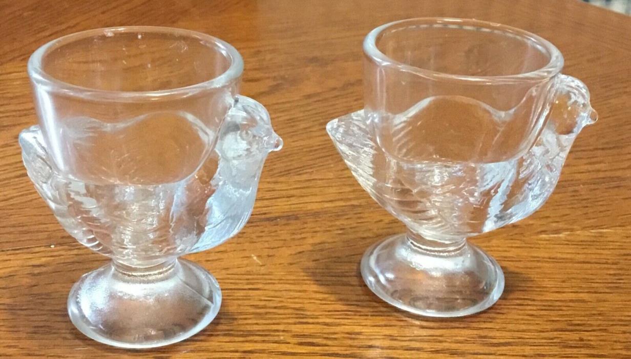 2 FRANCE CLEAR GLASS CHICKEN HEN FIGURAL EGG CUPS