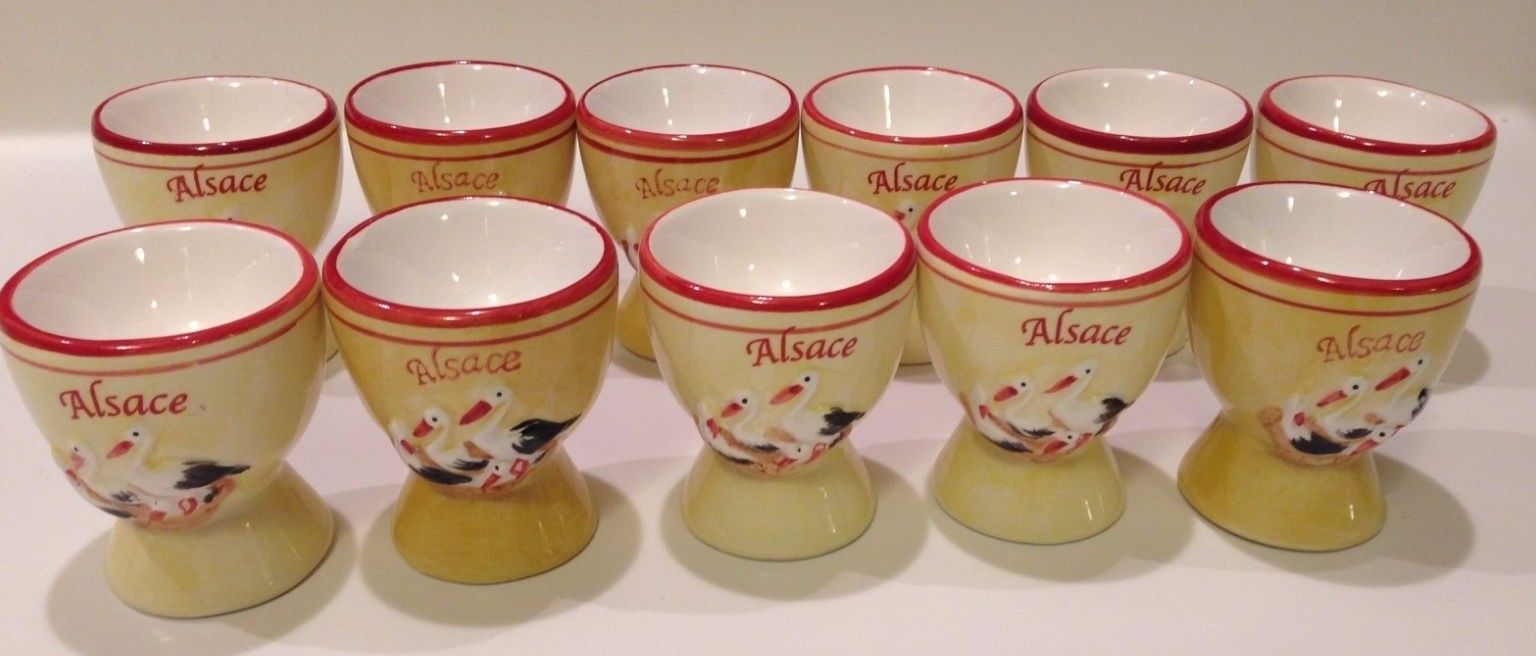 TEN Egg Cups Holders Alsace France Stork Easter Yellow