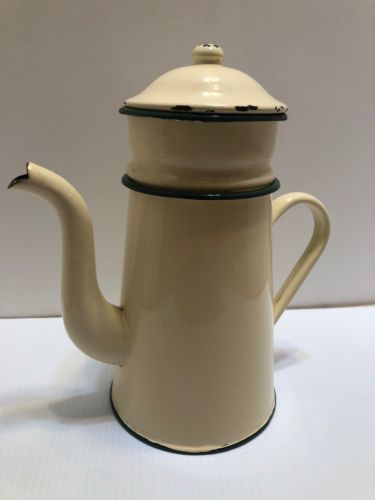 Antique FRENCH Enamelware COFFEE BIGGIN 1930's Cream & Green Percolator Tea