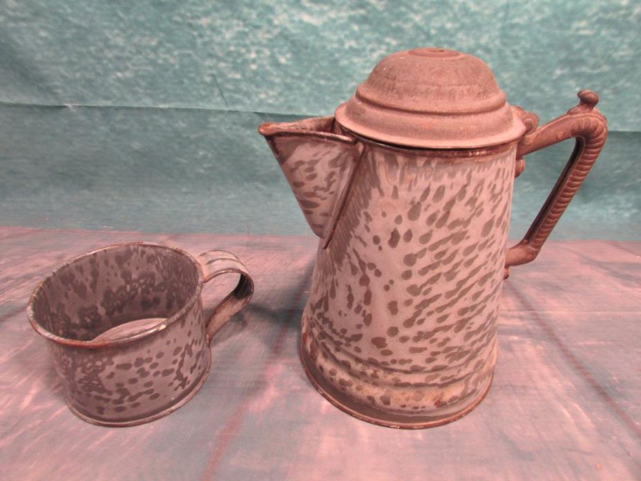 Graniteware grey pitcher and cup swirl enamel ware camping collecting antique