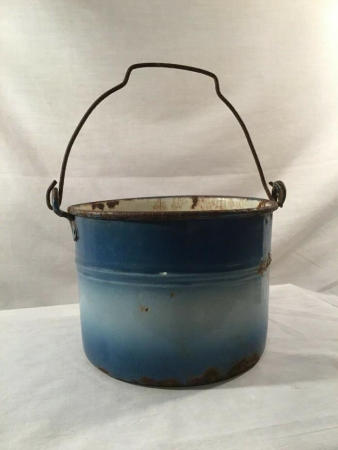 Vintage Graniteware Enamelware Blue Bucket Pail Pot w/ Handle  4 3/4” x 6 1/4”