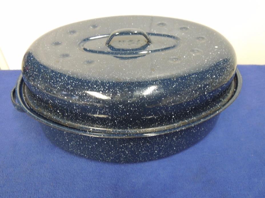 Vintage Blue Granite Ceramic Oval Roaster Made in USA