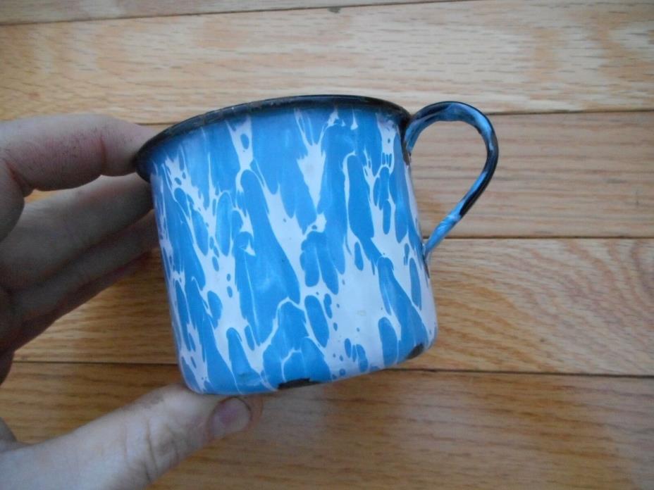 Vintage Antique Graniteware Blue White Swirl Cup Mug Metal Enamelware