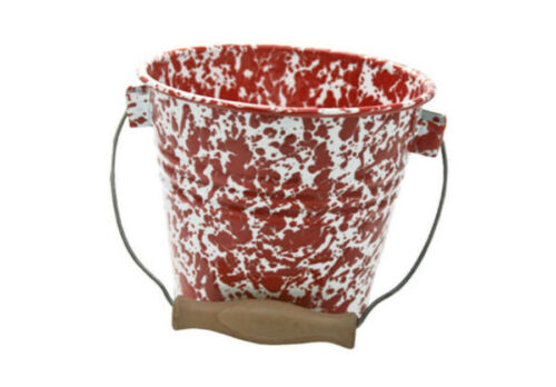 RED & WHITE Enamelware Pail Bucket NEW w Wooden Handle Enamel Wood Metal Bail
